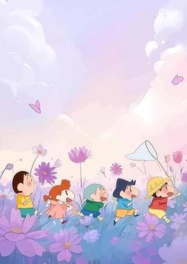 Shinchan and friends chasing butterflies