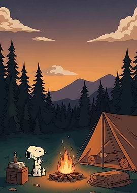 Snoopy camping by a campfire