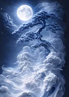 Mystical Bonsai Tree Under a Full Moon