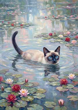 Siamese Cat in Water Lilies