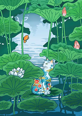 Cat in a Lotus Pond