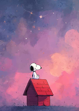Snoopy on doghouse under starry sky
