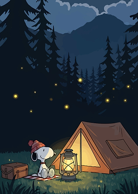 Snoopy Camping at Night