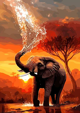 Elephant spraying water at sunset