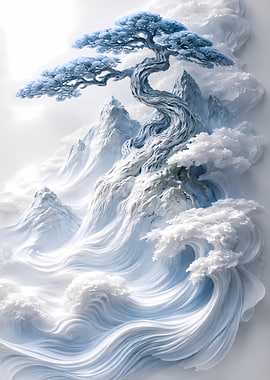 Serene Winter Mountain Landscape with Bonsai