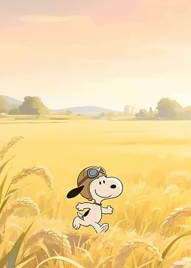 Snoopy as a pilot in a field