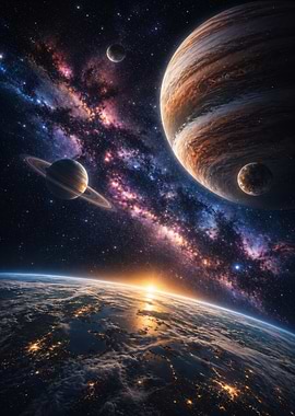 Cosmic vista with planets and nebula