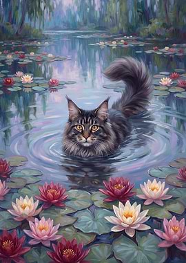 Maine coon Cat in a pond