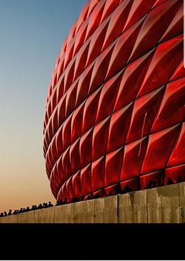 Red Stadium Exterior with Crowd
