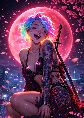 Cyberpunk Samurai Girl Under Pink Moon