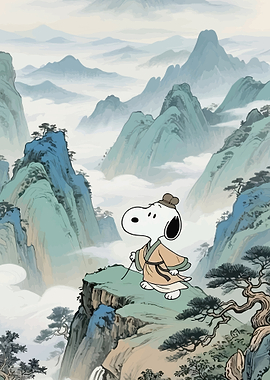 Snoopy in traditional Asian attire on a mountain