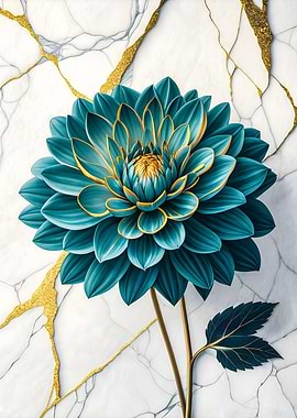 Opulent Dahlia: Teal and Gold Bloom on Marble Veins – Luxurious Botanical Art