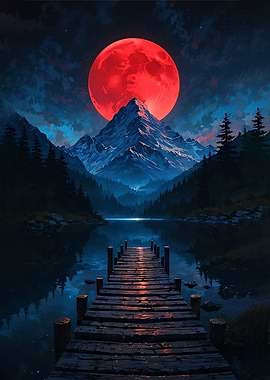Red Moon Over Mountain Lake