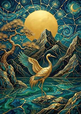 Golden Crane in a Japanese Landscape