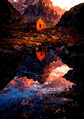 Mountain Cabin Reflection at Sunset