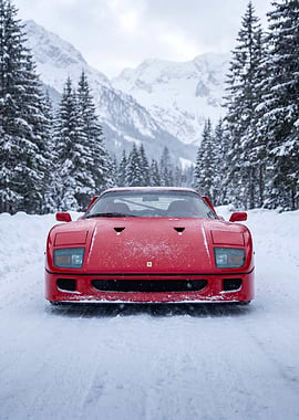 Red Ferrari F40 in Snowy Mountains