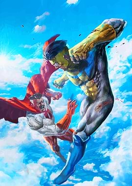 Invincible and Omni-Man Fighting in the Sky