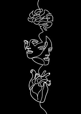 Abstract Brain, Faces, and Heart Line Art