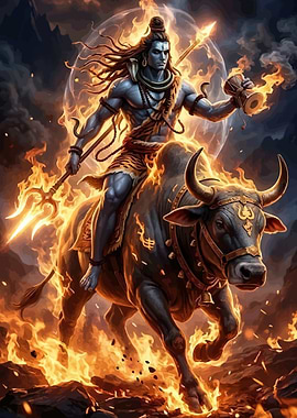 Lord Shiva Riding Nandi Through Flames