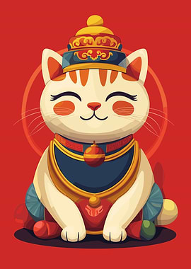 Chinese Cat with Traditional Hat and Collar