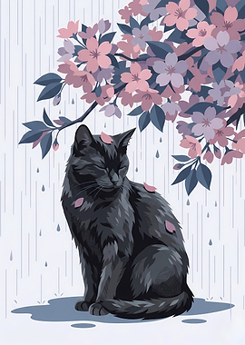 Black Cat Under Cherry Blossoms