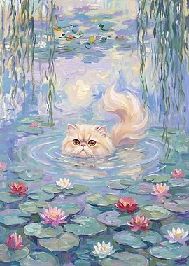 Cat in a Monet-style Water Lily Pond