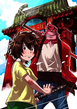 Anime characters in front of a temple gate