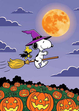 Snoopy and Woodstock flying on a broomstick
