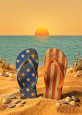 Patriotic Flip-Flops on a Beach at Sunset