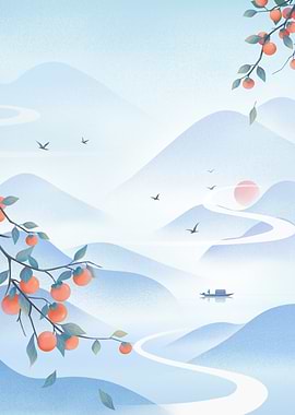 Serene Mountain Landscape with Persimmons