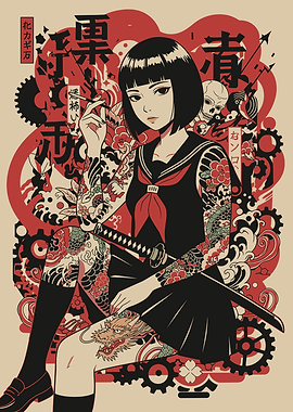 Tattooed Schoolgirl with Katana