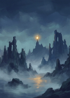 Mystical Ruined Landscape with Beacon