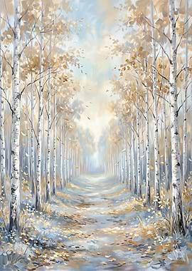 Autumn Birch Tree Path Painting