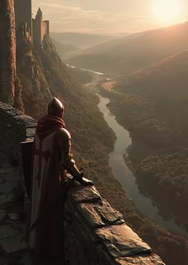 Knight Overlooking a Valley at Sunrise