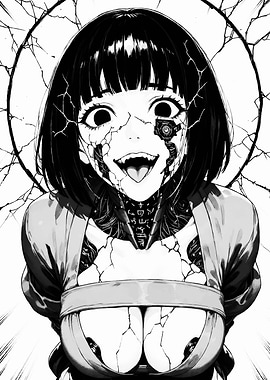Cracked Cyborg Girl with Wide Eyes Manga Art