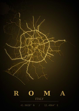 Roma Gold City Map — Italy Night Travel Poster