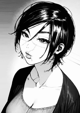 Anime Girl with Short Black Hair Manga Art