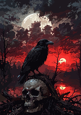 Raven on Skull Under Red Moon