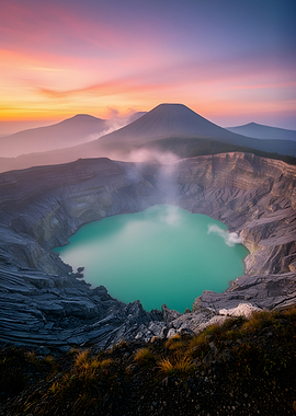 Volcanic Crater Lake at Sunrise