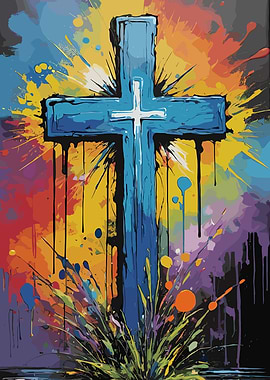 Abstract Blue Cross with Colorful Splashes