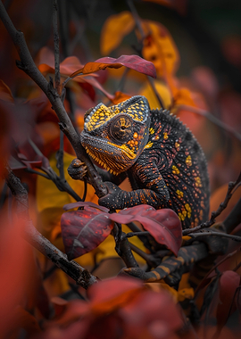 Chameleon on a branch with autumn leaves