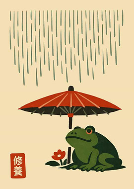 Japanese Frog Umbrella Art Print