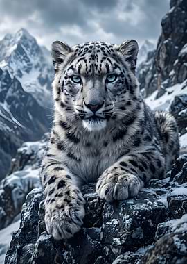 Snow Leopard in Snowy Mountains