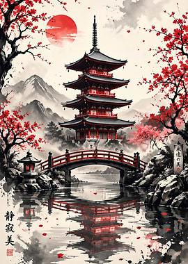 Japanese Pagoda and Cherry Blossoms