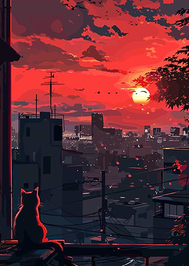 Cat watching a vibrant sunset over a city