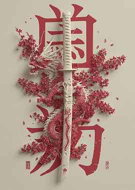 Dragon and Katana with Cherry Blossoms
