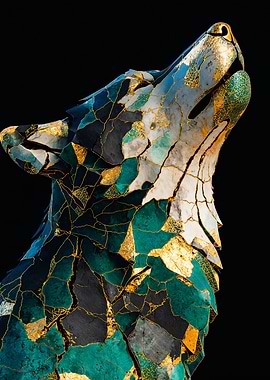 Howling Wolf Emerald Kintsugi Art