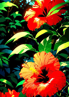 Vibrant Hibiscus Flowers in Lush Greenery