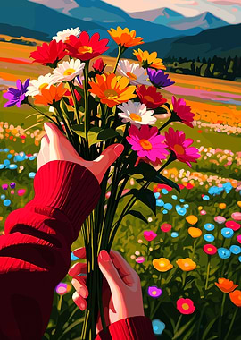 Hands holding a bouquet of wildflowers