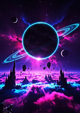 Cosmic Planet with Rings and Alien Landscape